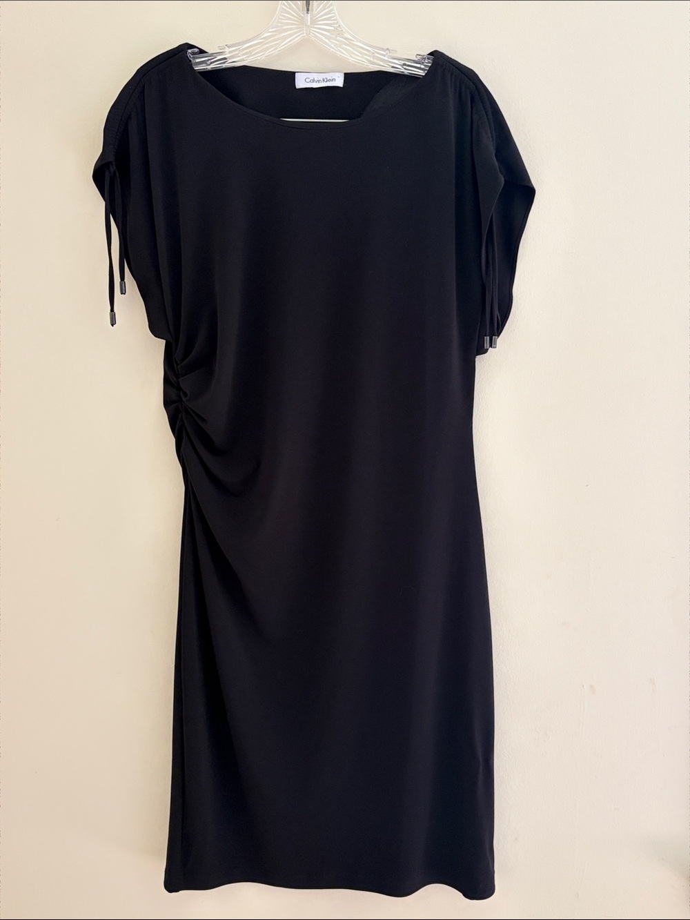 Calvin Klein Black Side-Ruched Midi Dress with Tie Sleeves